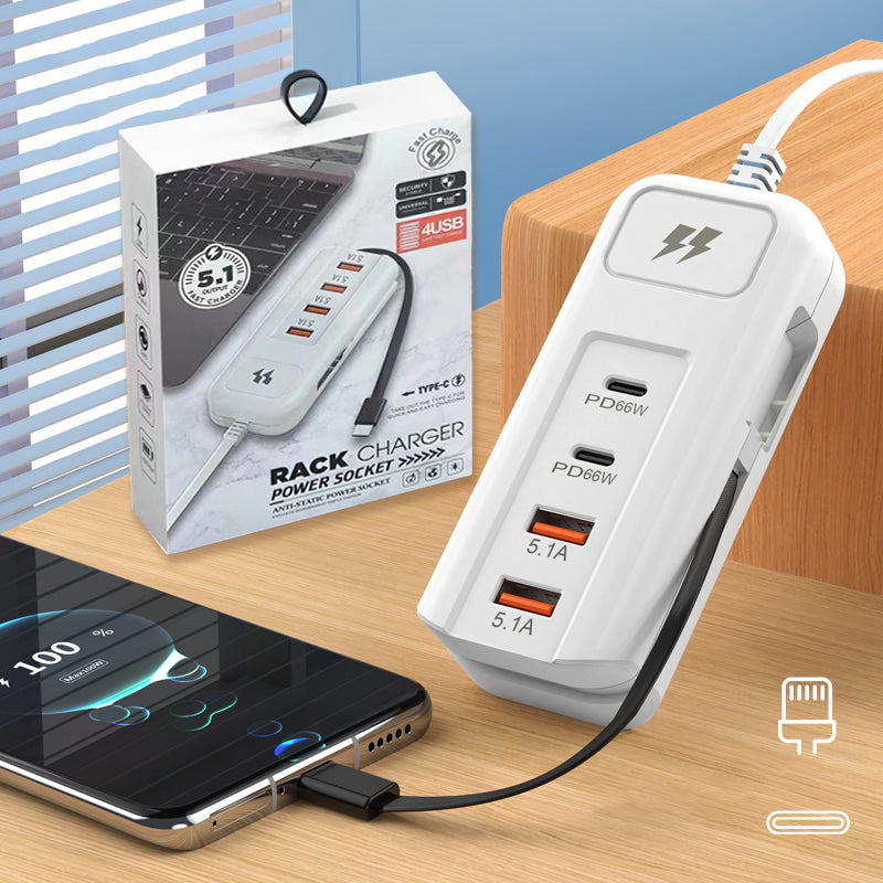 luxo7-35219-1 Prise Charge Rapide 65W™ – 2 PD + 2 USB + Câble Type-C Intégré - Occamarket