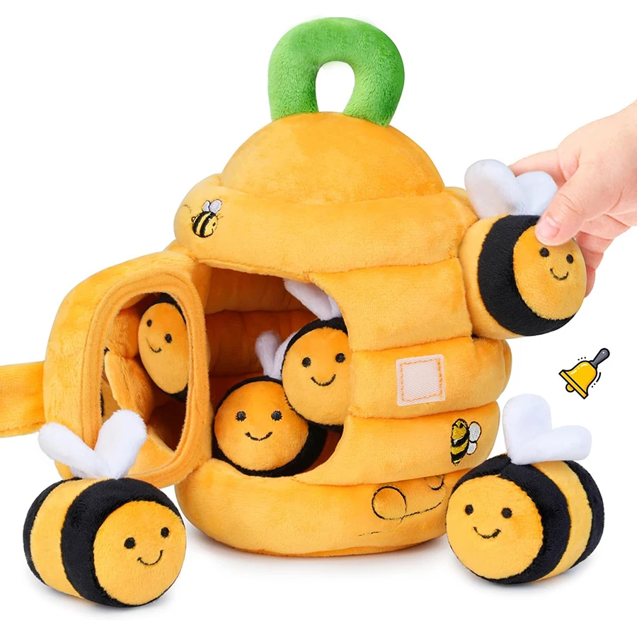 S6cfd80762b3c4ad49c06fb5b0cd2ae24y.webp Ensemble de jouets sensoriels bébé 6-12 mois Yokibo en peluche abeille (nid d’abeille) avec 5 accessoires – Image 1