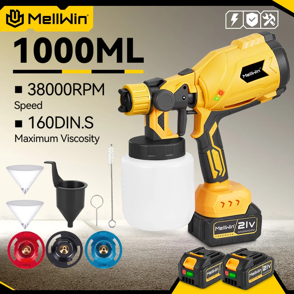 S3bad80b1d845446d8077f421c1b58f9ap.webp Pistolet à Peinture Sans Fil 1000ML - Pulvérisateur Portable HVLP avec 4 Buses en Cuivre – Image 1