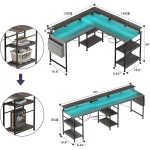 Bureau Gamer d'Angle avec LED RGB, Rangements et Prise USB - Gris/Noir – Image 2