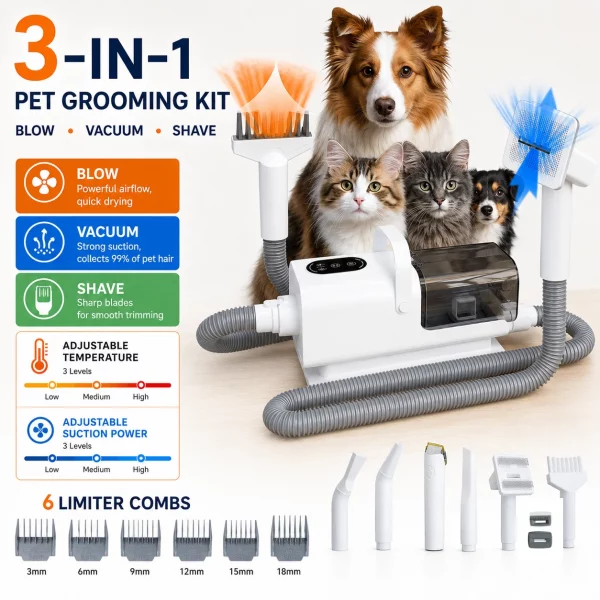 Kit de Toilettage 3-en-1 pour Chat et Chien - Aspirateur, Séchoir et Tondeuse avec Cuve 2,2L
