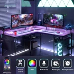 Bureau Gamer d'Angle avec LED RGB, Rangements et Prise USB - Gris/Noir – Image 4